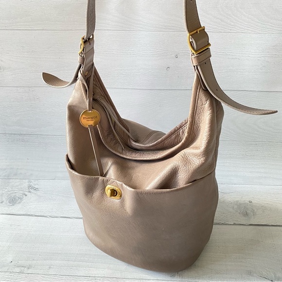 margot Handbags - MARGOT NEW YORK WARM GRAY PEBBLED LEATHER BUCKET HOBO/ Shoulder Bag Medium